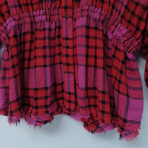 SOLD!--We The Free Pacific Dawn Pink Red Plaid Ruched Sleeve Shirt, Wool/ Small - Picture 4 of 9